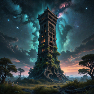 A colossal, forgotten tower, overgrown with bioluminescent alien flora - Н1.png