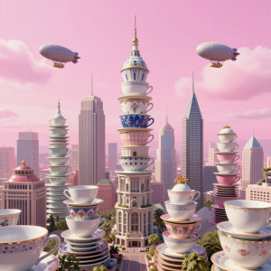 A surreal city where the skyscrapers are formed from gigantic, stacked teacups.jpg