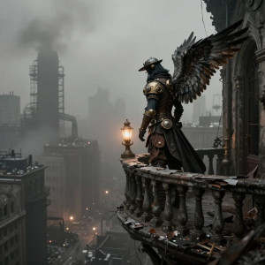 A solitary Birdman, adorned in ornate steampunk attire with feathered wings.jpg