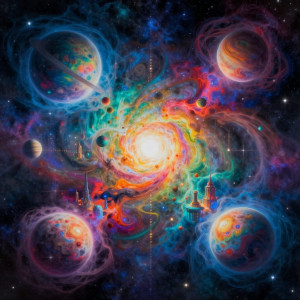 A vibrant, abstract cityscape composed entirely of swirling nebulae and cosmic dust.jpg