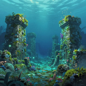 An ancient, moss-covered stone city, half-submerged in a crystal-clear, bioluminescent ocean.jpg