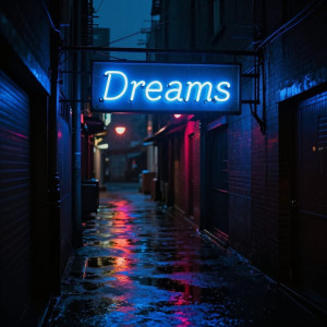 A rain-slicked alleyway at midnight, dominated by a neon sign that reads 'Dreams'.jpg