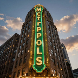 A towering, art deco skyscraper at dusk, its facade adorned with a massive, cascading neon sign.jpg