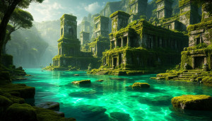 An ancient stone city, half-submerged in ocean - S.jpg