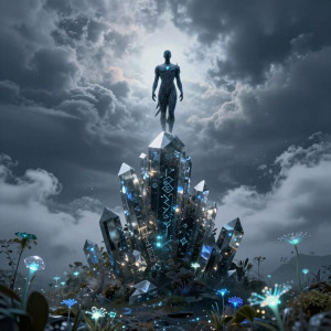 A solitary Birdman, crafted from polished obsidian and interwoven with glowing runic symbols.jpg