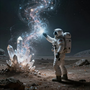 A lone astronaut on a desolate alien planet reaches out to touch a shimmering, ethereal energy field.jpg