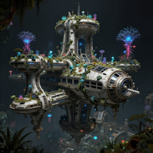 A colossal, abandoned space station, overgrown with bioluminescent alien flora.jpg