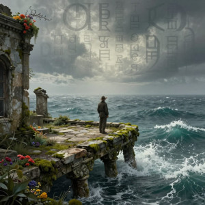 A solitary fisherman stands on the weathered deck of an ancient, moss-covered stone pier.jpg