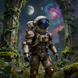 A lone astronaut, equipped with steampunk-inspired gear, explores an overgrown, ancient ruin.jpg