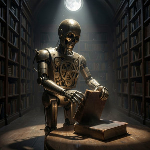 An intricate, antique automaton stands alone in a vast, dimly lit library.jpg