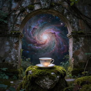 A single, delicate teacup rests on a moss-covered stone pedestal.jpg