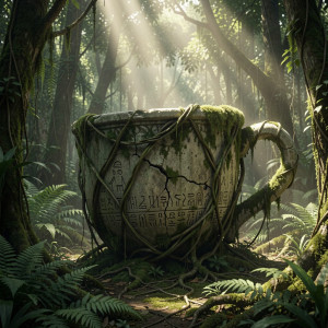 A colossal, ancient stone teacup rests half-buried in a lush, overgrown jungle.jpg