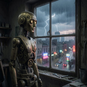 A solitary, antique automaton, crafted with intricate brass gears and a weathered patina.jpg