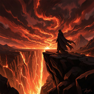 A solitary figure, cloaked and mysterious, stands at the precipice of a fiery chasm.jpg