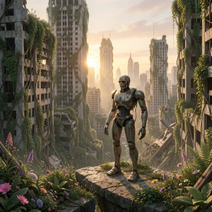 A lone, ancient automaton stands at the precipice of a colossal, overgrown city.jpg