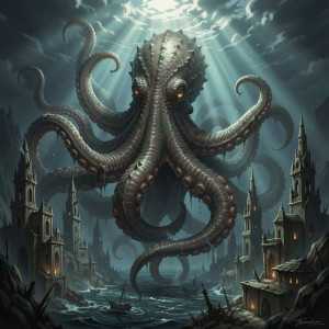 A colossal, ancient kraken emerges from the deep, dark ocean.jpg