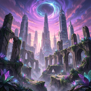 A sprawling, futuristic city built upon colossal, ancient ruins.jpg