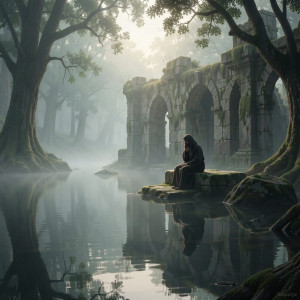 An ancient, moss-covered stone ruin stands partially submerged.jpg