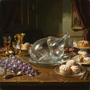 A surreal banquet table laden with an assortment of glass foods.jpg