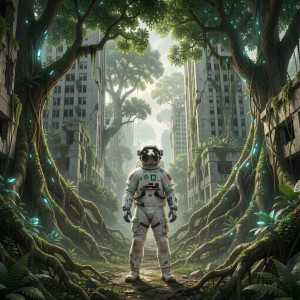 A lone astronaut, clad in a weathered white suit, stands amidst the overgrown ruins.jpg