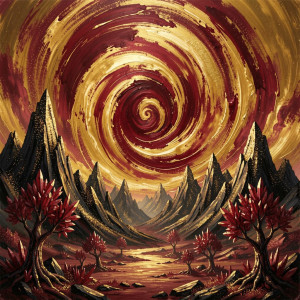 A surreal landscape where the sky is a swirling vortex of molten gold.jpg