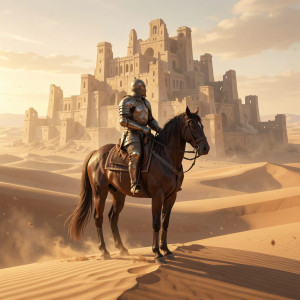 A lone, weathered knight on horseback stands at the edge of a vast, ancient desert.jpg