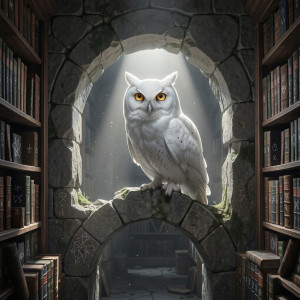 A majestic white owl with eyes like ancient stars perches on a crumbling stone archway.jpg