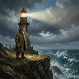 A lone lighthouse keeper stands on a windswept cliff.jpg
