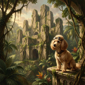 A colossal, ancient stone city, half-swallowed by a vibrant, overgrown jungle с собакой.jpg