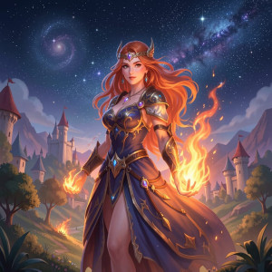 Woman of the flame in magical land under starry night sky - F29.jpg