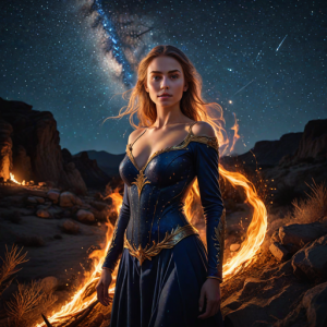 Woman of the flame in magical land under starry night sky - H1.png
