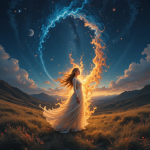 Woman of the flame in magical land under starry night sky - PL1.png