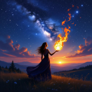 Woman of the flame in magical land under starry night sky - H11.jpg