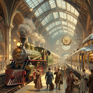 A bustling, retro-futuristic train station where steam-powered locomotives.jpg