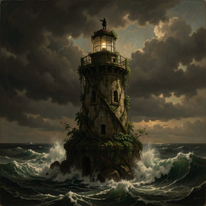 A solitary lighthouse keeper stands at the top of a crumbling lighthouse.jpg