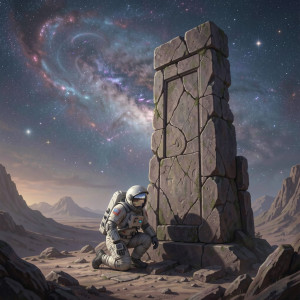 An astronaut, suit damaged and reflecting a desolate alien landscape.jpg