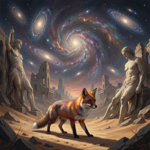 A lone fox with fur like swirling nebulae navigates the ruins of a shattered city.jpg