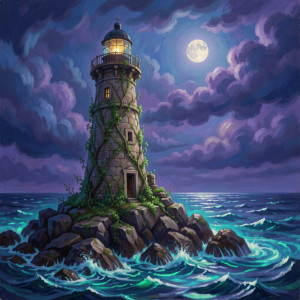 A lone, weathered lighthouse stands on a rocky outcrop.jpg