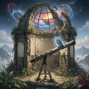An ancient, crumbling stone observatory, overgrown with exotic flora.jpg