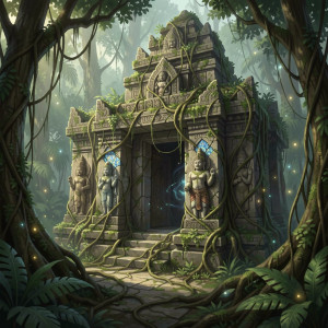 An abandoned, overgrown temple in a dense, unexplored jungle.jpg