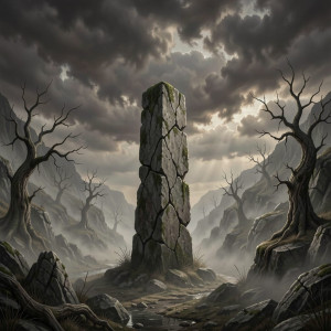 A solitary, ancient stone monolith stands weathered and cracked in a desolate, mist-shrouded valley.jpg