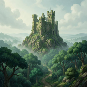 A towering, moss-covered castle ruin, its battlements crumbling into the ethereal mist.jpg