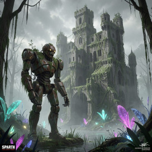 An ancient, overgrown automaton stands sentinel before a colossal, vine-choked castle ruin.jpg