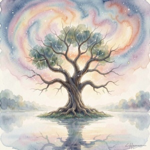 A lone, impossibly large tree with branches that twist into the shapes of forgotten constellations.jpg