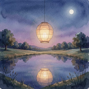 A serene countryside scene at dusk, where a single, intricately crafted paper lantern floats gently.jpg