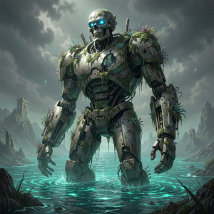 A colossal, ancient automaton stands partially submerged in a phosphorescent ocean.jpg