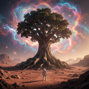 A lone astronaut stands on a desolate alien planet, gazing at a colossal, ancient tree.jpg