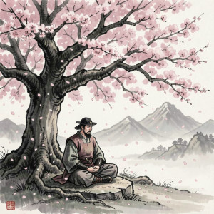 A lone samurai warrior meditating beneath a solitary, ancient cherry blossom tree.jpg
