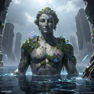 A colossal, ancient stone statue of a forgotten deity, half-submerged in an alien ocean.jpg