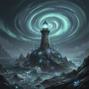 A solitary lighthouse stands on a jagged, alien coastline under a swirling, phosphorescent sky.jpg